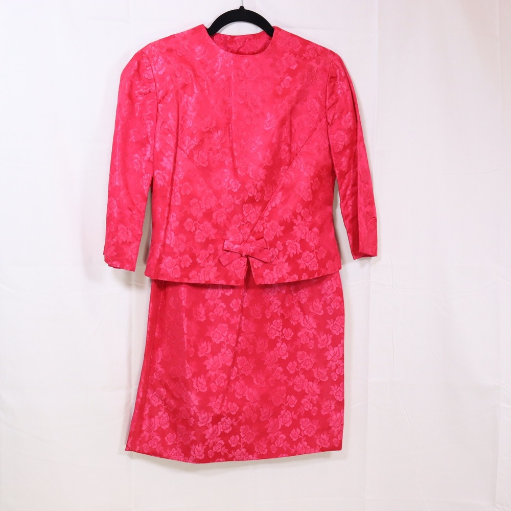 Handmade Skirt Suit 3pc Set‎ Medium Pink Womens Floral Jacquard Vintage 60s